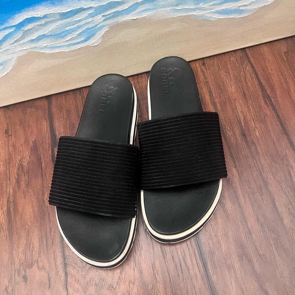 Sorel Black Slide Sandals with Ribbed Straps